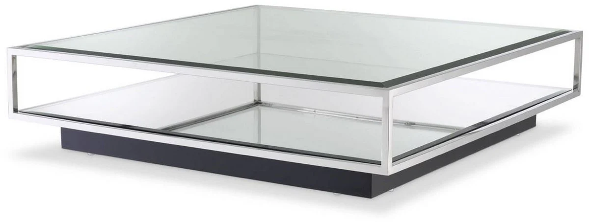 Luxury coffee table silver / black 120 x 120 x H. 30 cm - Square stainless steel living room table with mirror glass and glass top - Living room furniture - Luxury quality