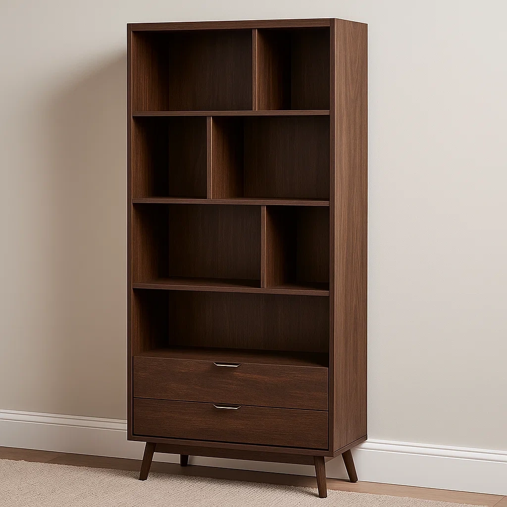 Vitrine mit Türen und Schubladen, 4 Einlegeböden, Holzgestell, walnussfarben, freistehend, für Büro oder Wohnzimmer, 80 x 35 x 180 cm - bVXd68iYB7UF