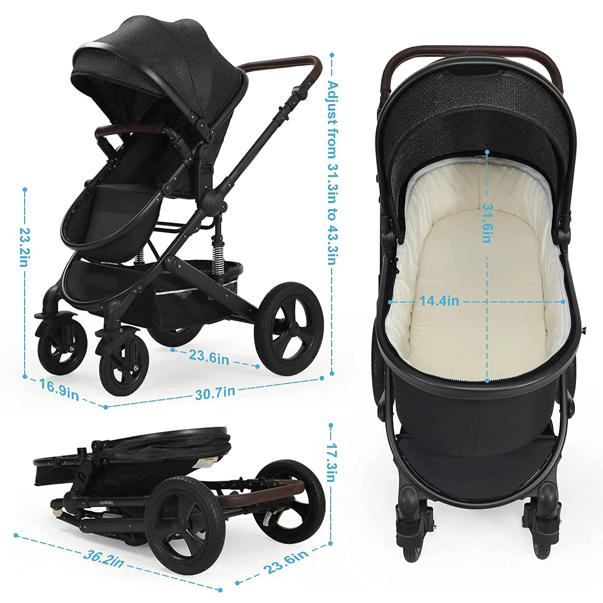 Kinderwagen für Neugeborene und Kleinkinder – Cynebaby 2-in-1 Hochformat, umwandelbar, umkehrbar, stoßfest, Stubenwagen, Kinderwagen, Kinderwagen, mit Getränkehalter, Fußsack und Wickeltasche (grün)