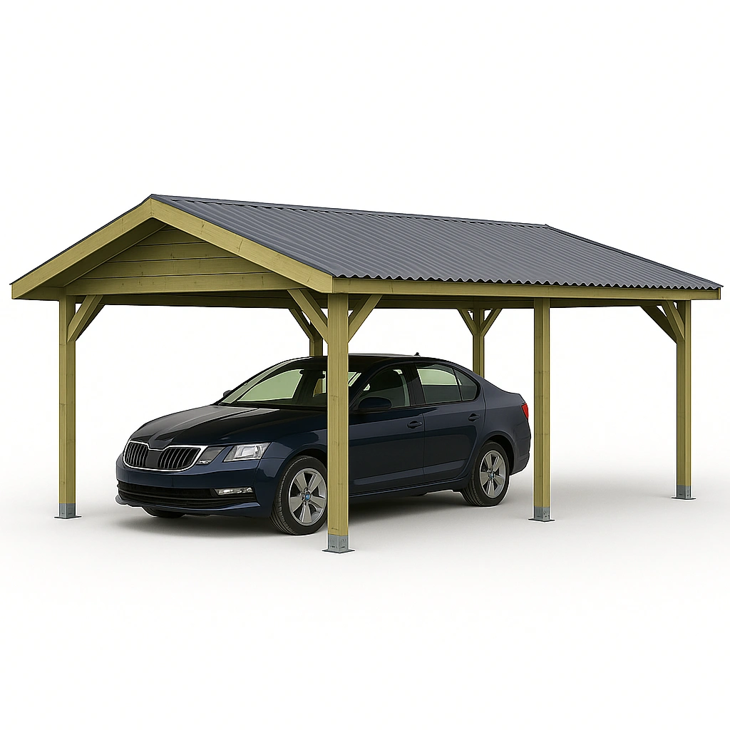 Carport-Pergola, grüne Holzkonstruktion mit Metalldach, 700 x 300 x 300 cm