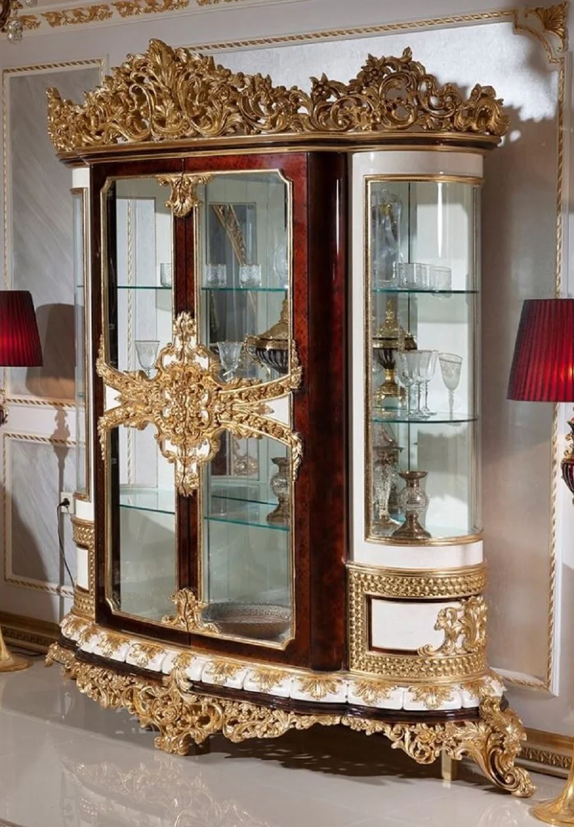 Luxury baroque display cabinet white / brown / gold - magnificent solid wood display cabinet with 2 glass doors - baroque furniture - noble and magnificent