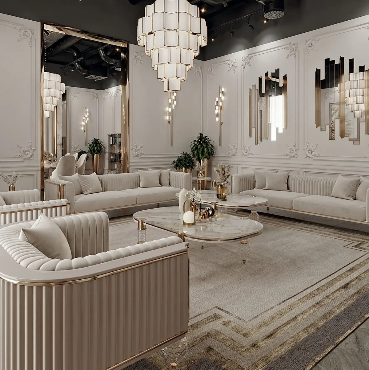 Luxury Art Deco coffee table white / gray / gold 160 x 91 x H. 49 cm - living room table with elegant artificial marble table top - Art Deco living room furniture - luxury living room furniture