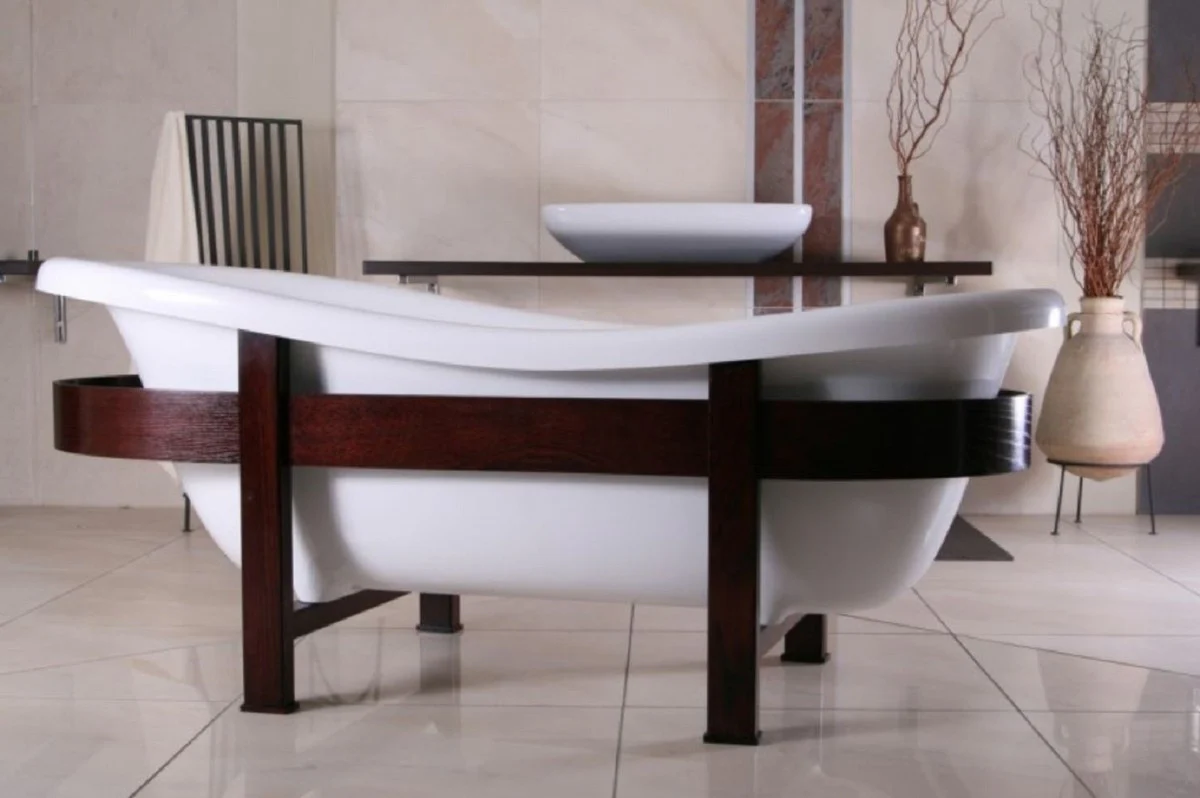 Luxury retro bathtub white / dark brown 178 x 76 x H. 73 cm - Freestanding bathtub with wooden frame - Retro bathroom furniture