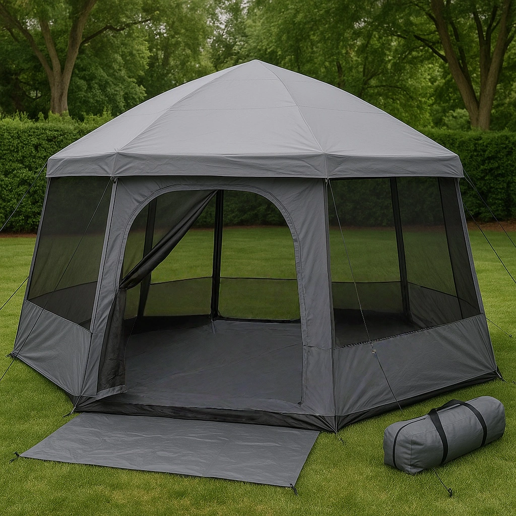 Graues, siebeneckiges Polyester-Pavillonzelt für den Außenbereich, Garten/Camping, 350 x 350 x 260 cm - SkfzgmA336WL