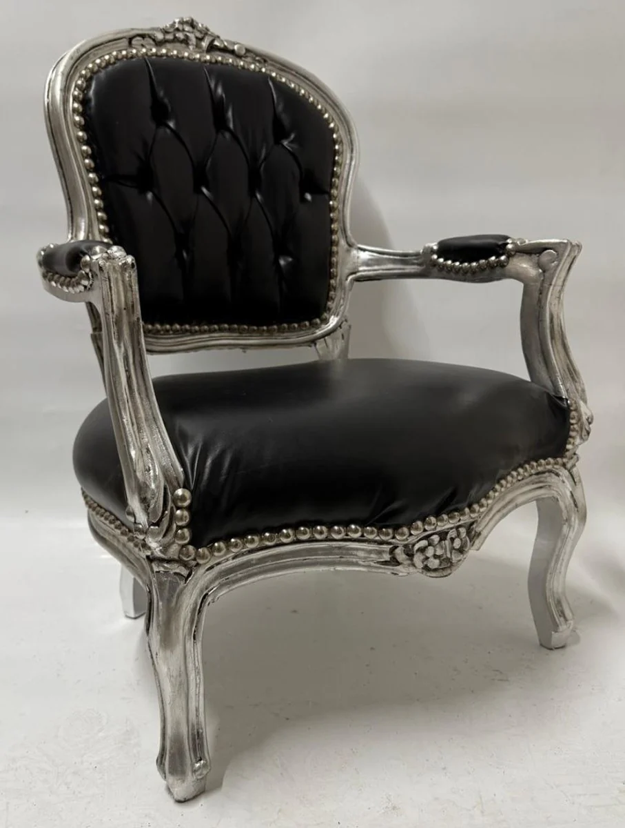 Barock Kunstleder Kinderstuhl mit Armlehnen Schwarz / Silber - Barock Kindermöbel