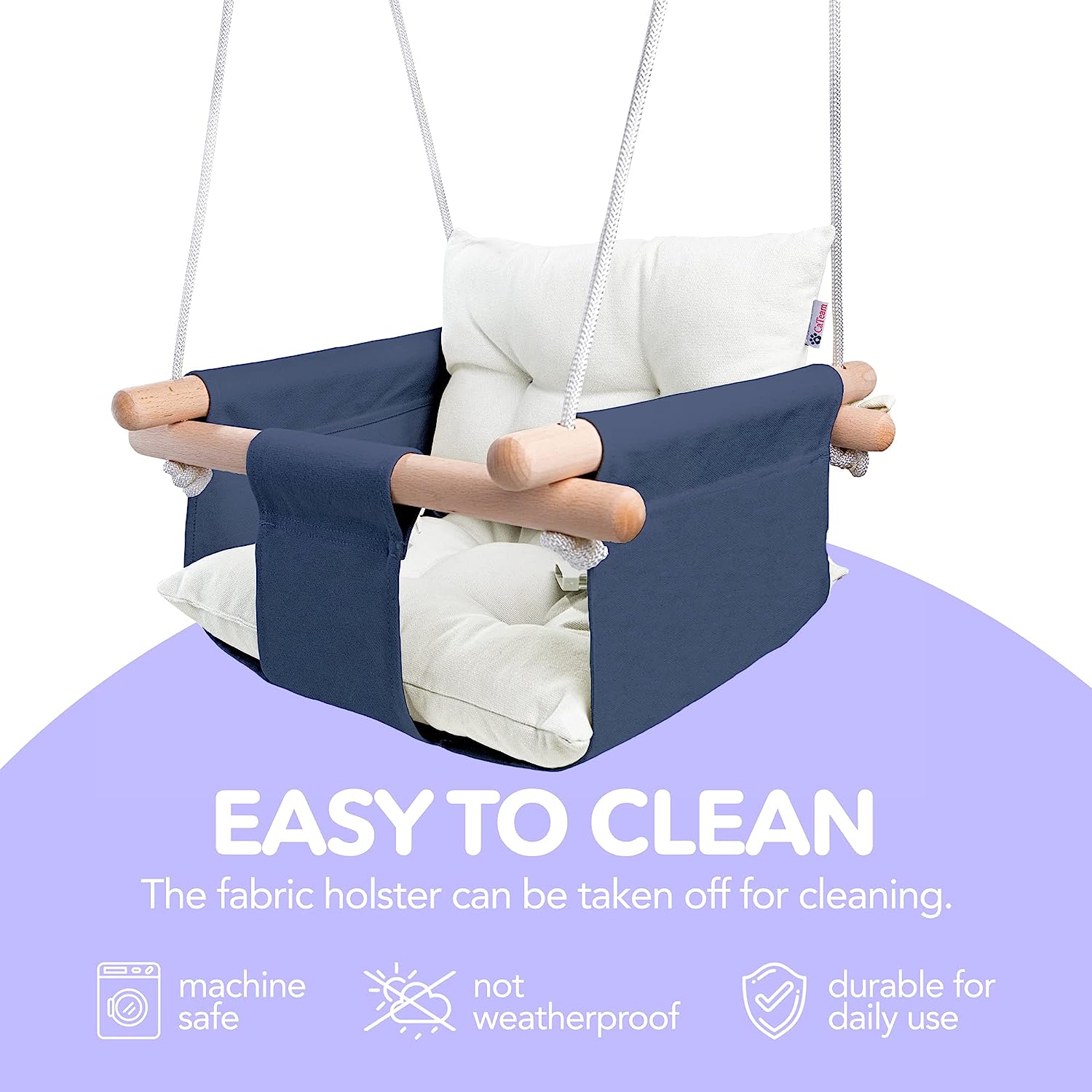 Babyschaukel aus Segeltuch, hängender Schaukelsitz aus Holz mit Sicherheitsgurt, langlebiger Baby-Hängemattenstuhl, Außen- und Innenschaukel für Kinder, Montagezubehör im Lieferumfang enthalten, Elfenbeinfarben