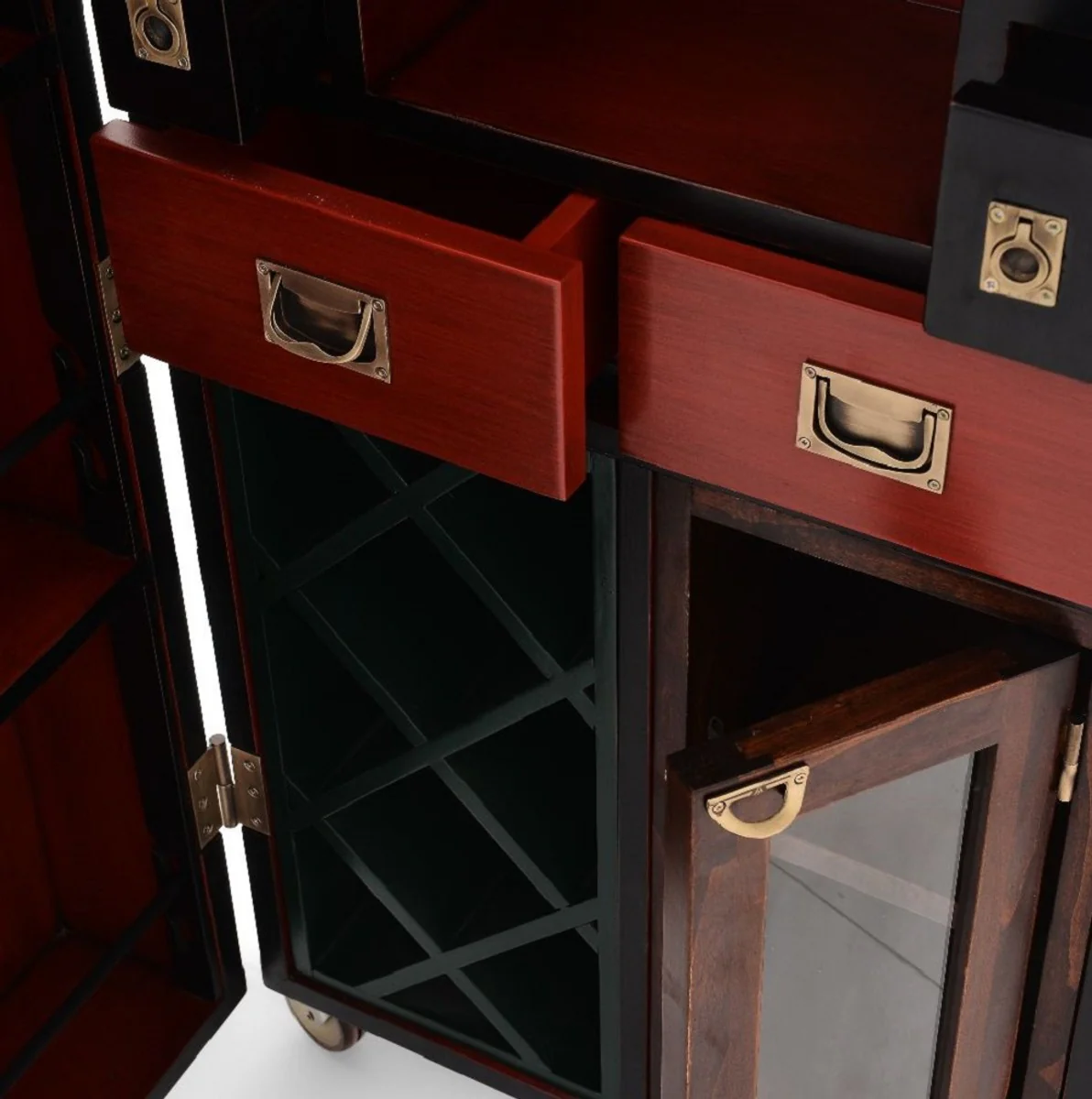 Luxury bar cabinet with wheels antique black 59 x 51 x H. 120 cm - suitcase cabinet in a retro look - retro style wine cabinet - bar furniture - luxury furniture