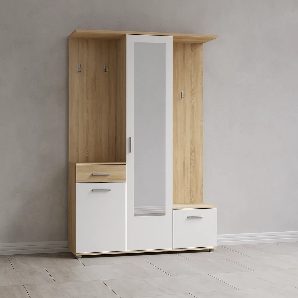 Weißer und hellholzfarbener Melamin-Eingangsschrank, 133,4 × 33,3 × 197,7 cm - DlEhT6eAKnV8