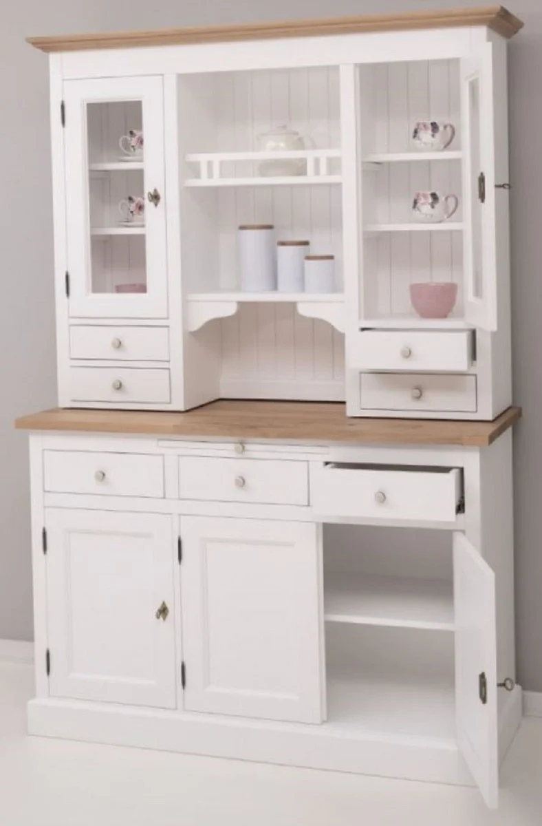 Country house style kitchen cabinet white / natural colors 138 x 50 x H. 197 cm - 2-part kitchen cabinet with 5 doors and 7 drawers - country house style kitchen furniture