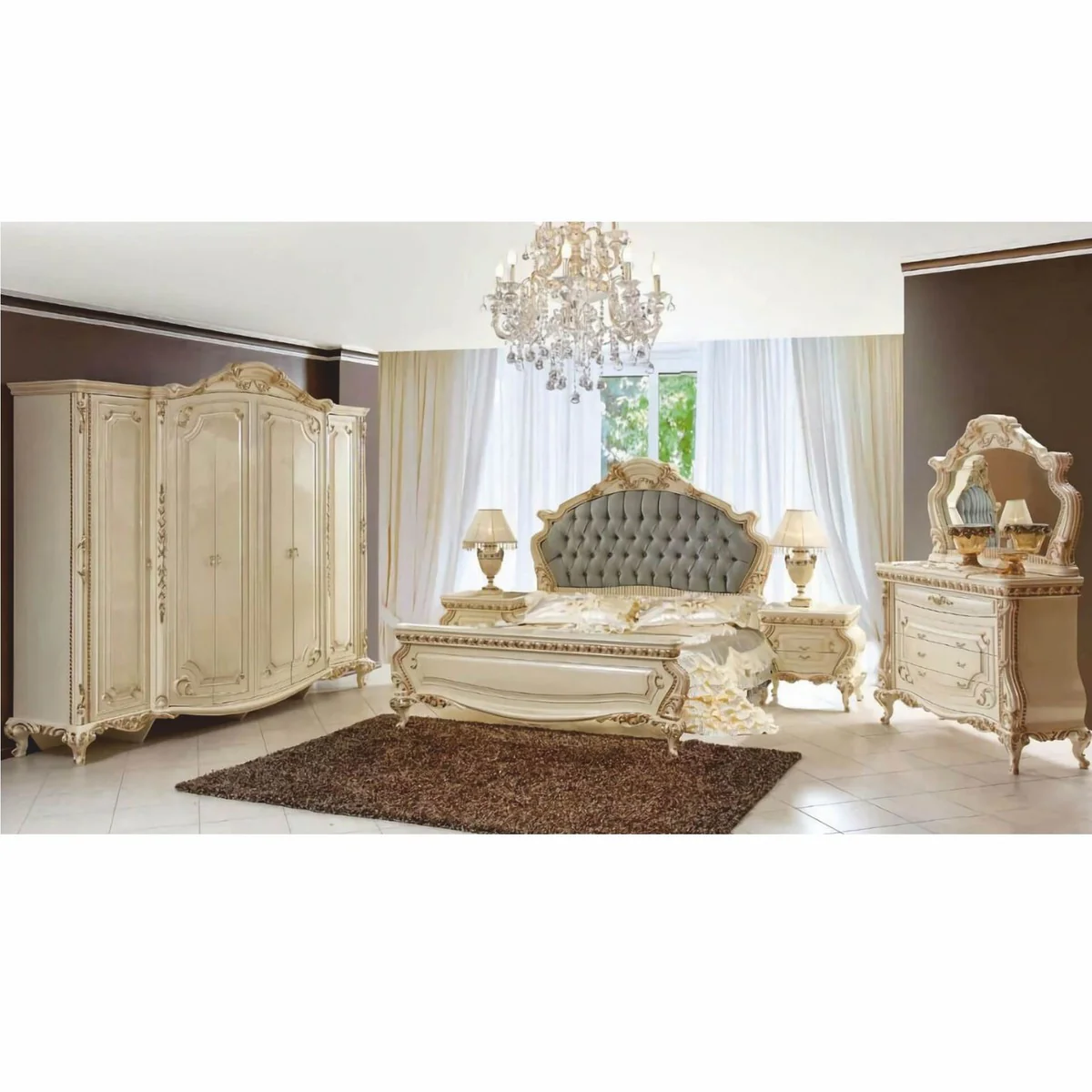 Luxury Baroque Bedroom Cabinet Cream / Gold 290 cm - Baroque Bedroom Furniture