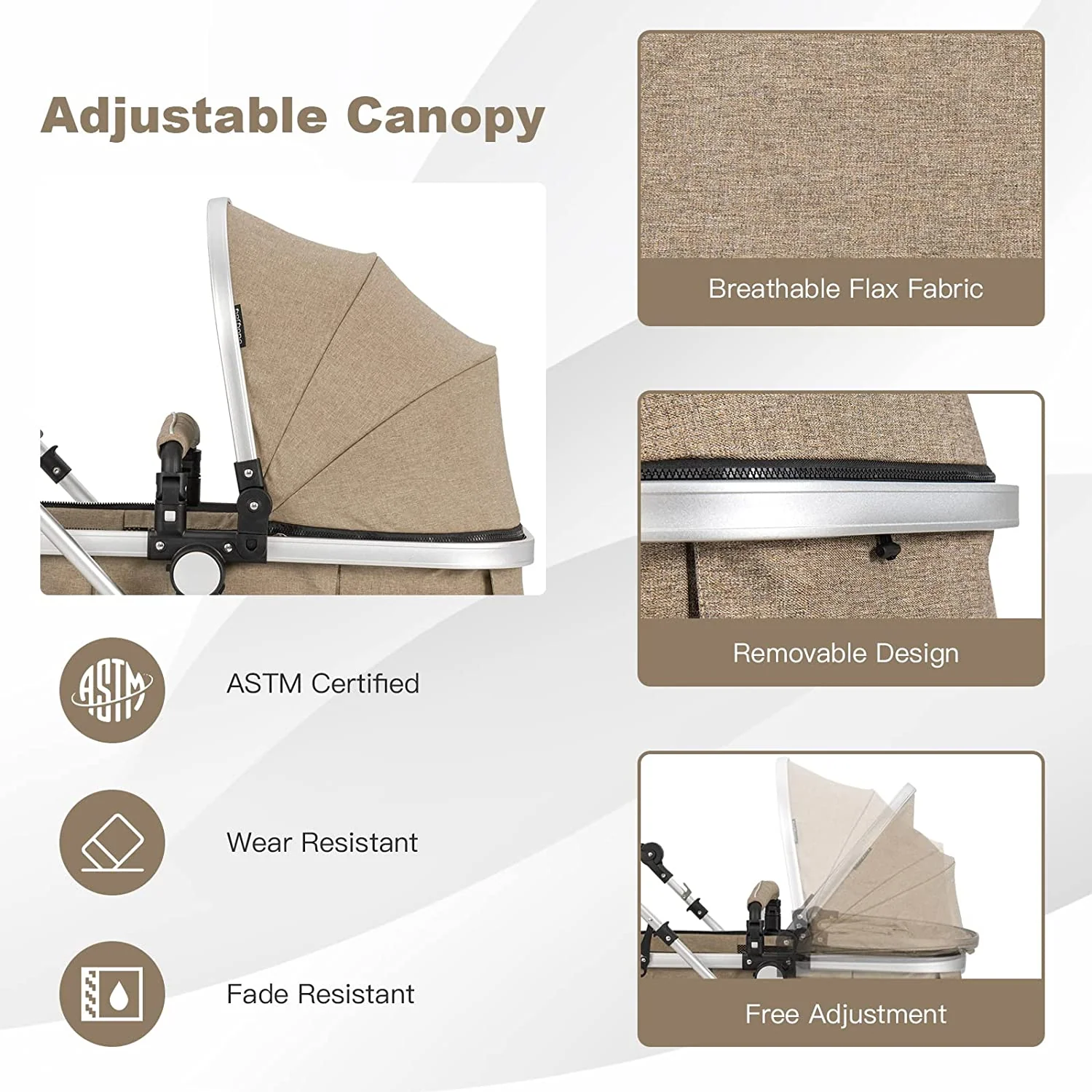 Kinderwagen, 2-in-1 umwandelbarer Liegewagen mit Stubenwagen, faltbarer Kinderwagenwagen mit 5-Punkt-Gurt, inklusive Getränkehalter, Fußabdeckung, Wickeltasche, Aluminiumstruktur, Khaki