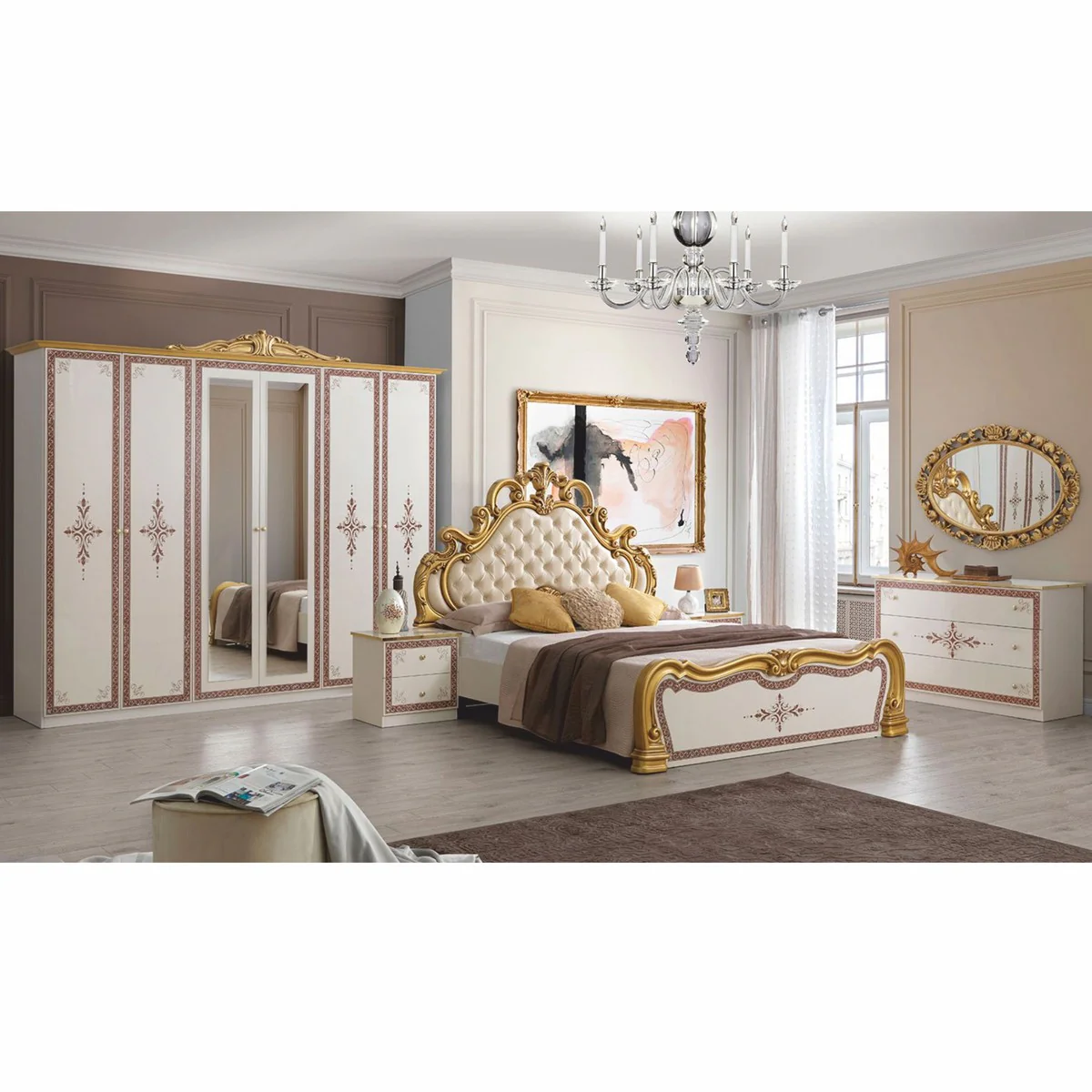 Luxury Baroque Bedroom Cabinet White / Brown / Gold 261 cm - Baroque Bedroom Furniture