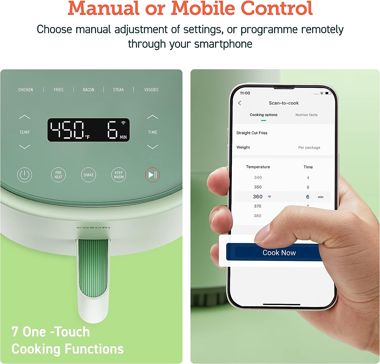 COSORI Air Fryer 4 Qt, 7 Kochfunktionen Airfryer, 150+ Rezepte auf Free App, 97% weniger Fett Freidora de Aire, Geschirrspüler-sicher, für 1-3 Personen, Lite 4.0-Quart Smart Air Fryer, Sage Green