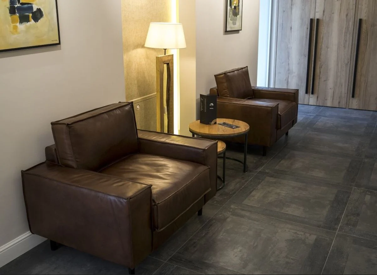 Luxury genuine leather lounge chair vintage leather brown - luxury living room armchair furniture buffalo leather