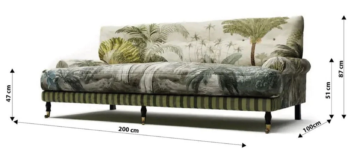 Luxury velvet sofa green / multicolored / black / brass 200 x 100 x H. 87 cm - living room sofa - hotel sofa - living room furniture - hotel furniture - luxury furniture - living room furnishings