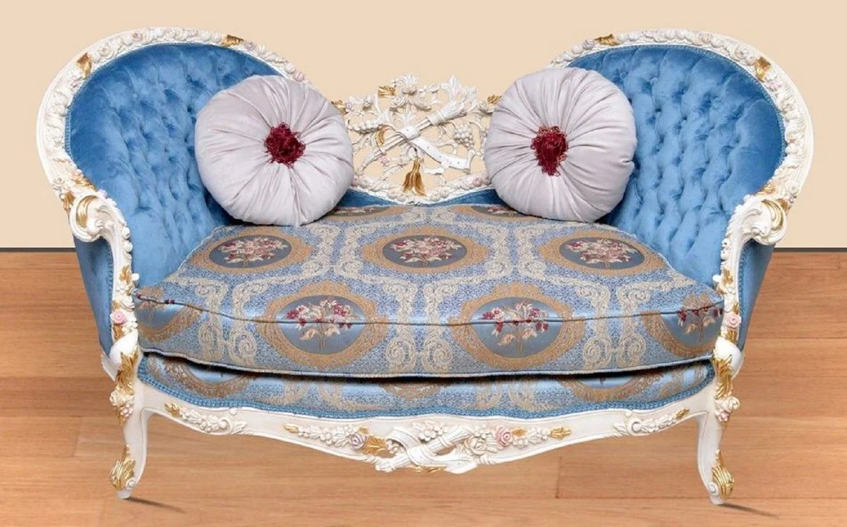 Baroque Sofa Blue Pattern / White / Gold - Handmade Living Room Sofa in Baroque Style - Magnificent Baroque Living Room Furniture
