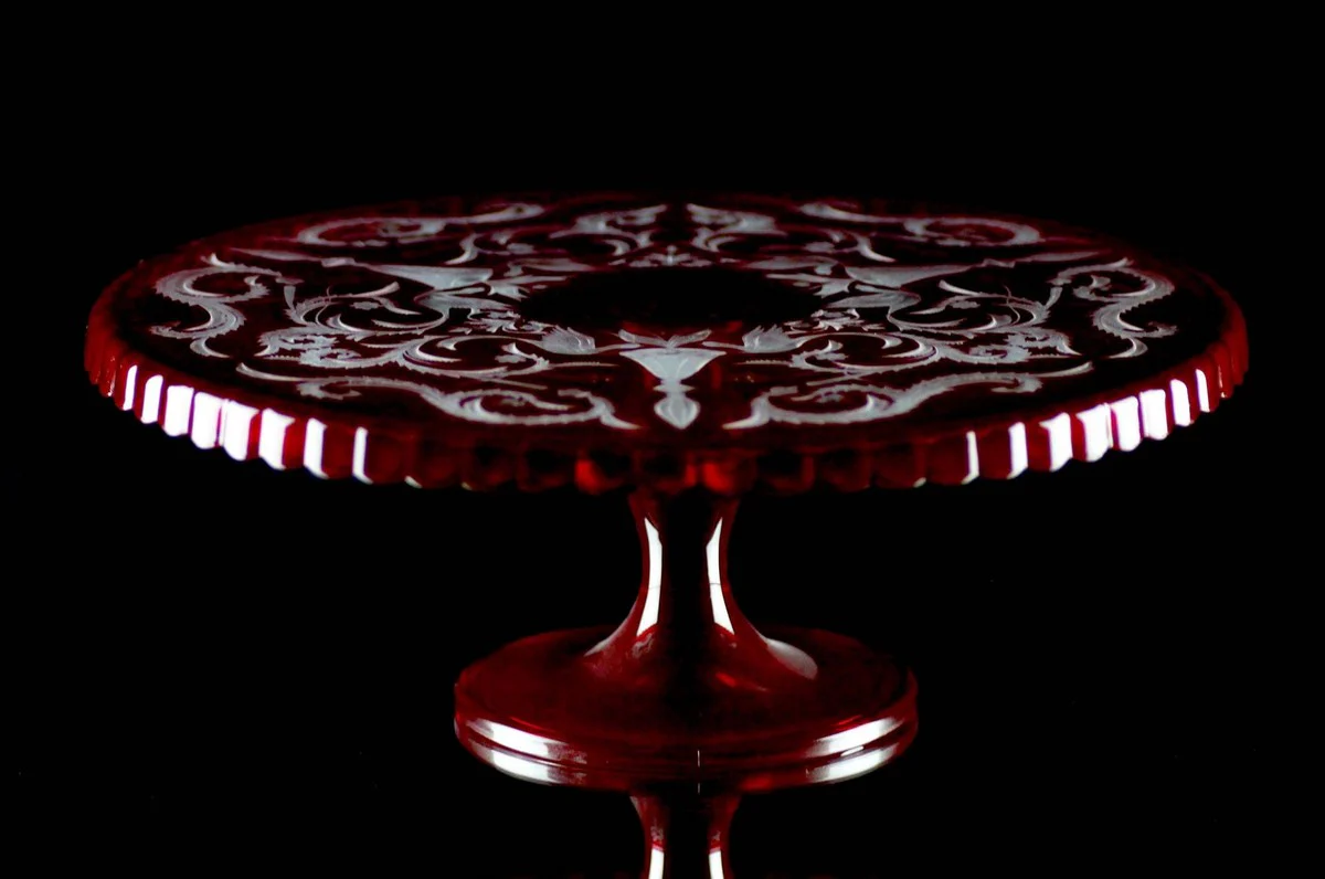Luxury cake plate red / silver Ø 32 x H. 12 cm - Handmade and hand-engraved glass cake plate - Hotel & Restaurant Accessories - Luxury quality