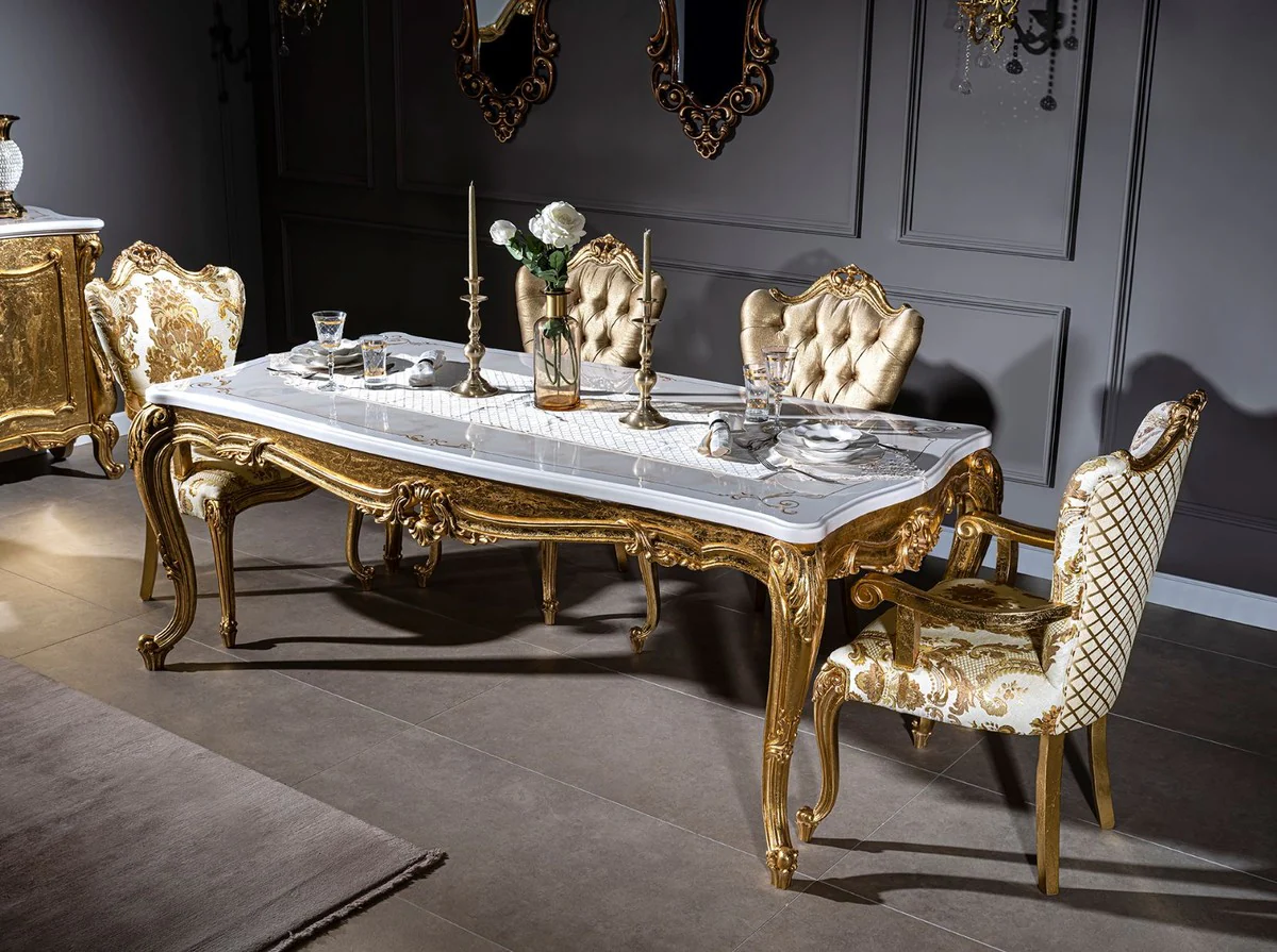 Luxury baroque dining table white / gold 202 x 102 x H. 80 cm - solid wood kitchen table - dining room table - magnificent dining room furniture in the baroque style