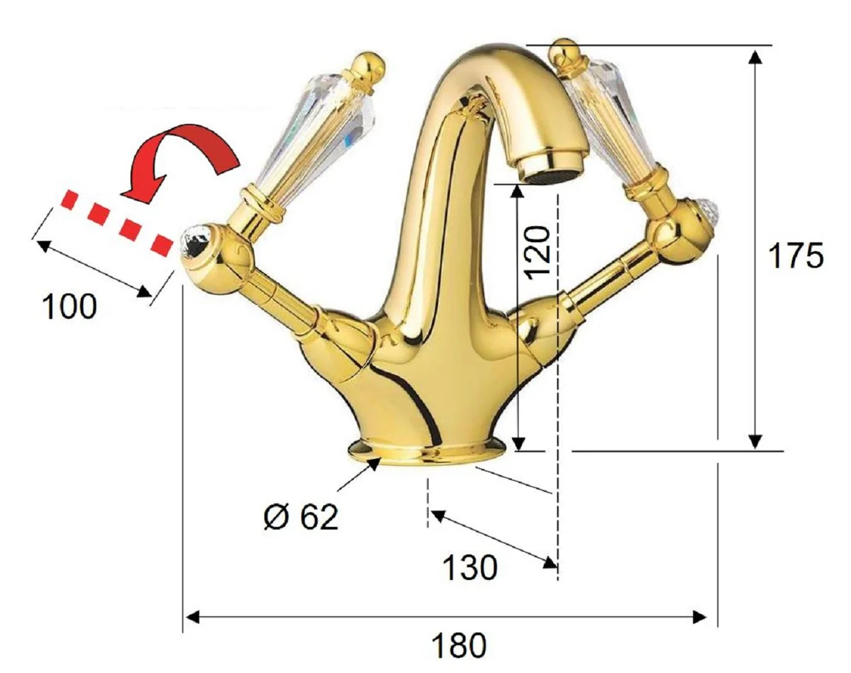 Luxury Art Nouveau washbasin fitting with Swarovski crystal glass gold H. 17.5 cm - Nostalgic bathroom accessories - Luxury quality - Made in Italy