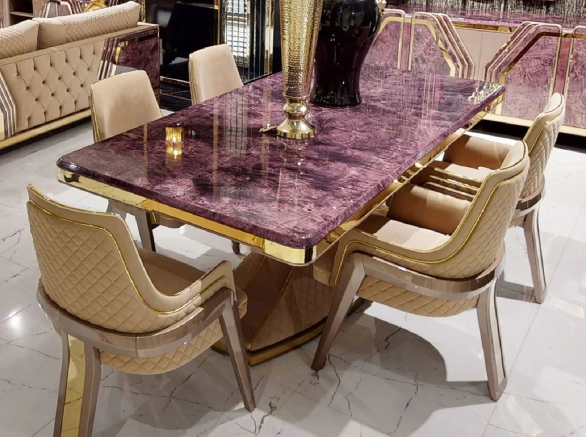 Luxury Art Deco Dining Room Chair Set with Armrests Beige / Gray / Gold - Kitchen Chairs Set of 6 - Luxury Dining Room Furniture - Art Deco Furniture - Luxury Furnishings - Art Deco Furnishings