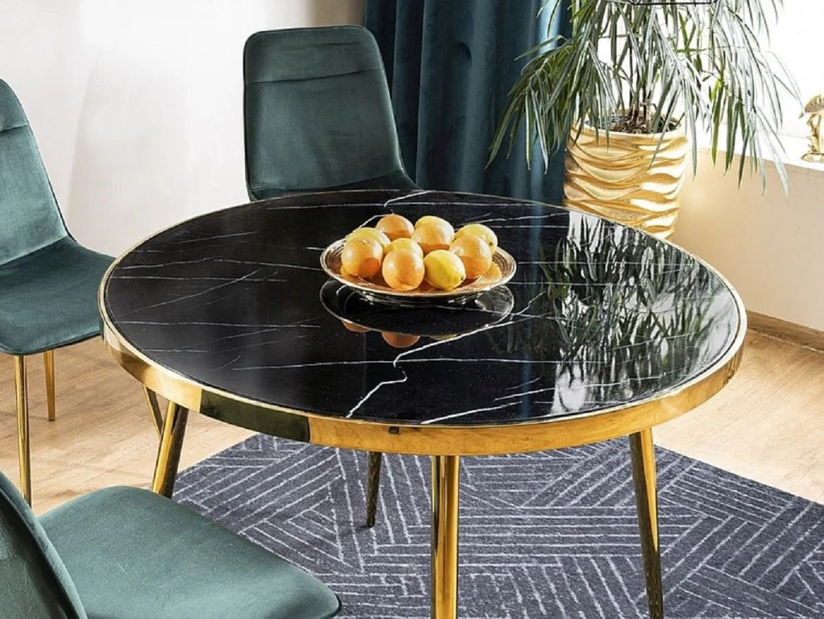 Luxury dining table black / gold Ø 100 x H. 75 cm - Round dining room table with glass top in marble look - Dining room furniture - Kitchen furniture