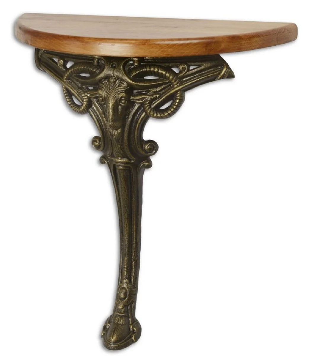 Baroque side table light brown / bronze 63 x 31 x H. 65.5 cm - Half-round table with wooden top and cast iron leg - Baroque wall table