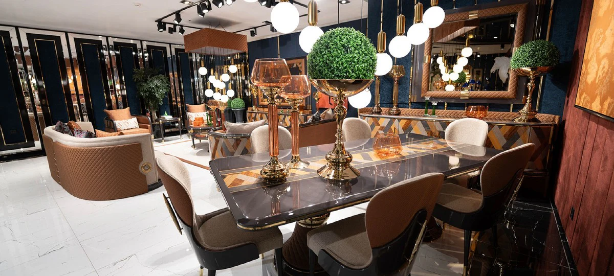 Luxury Art Deco Dining Table Gray / Multicolor / Brown / Gold - Luxury Art Deco Solid Wood Kitchen Table - Luxury Art Deco Dining Room Furniture