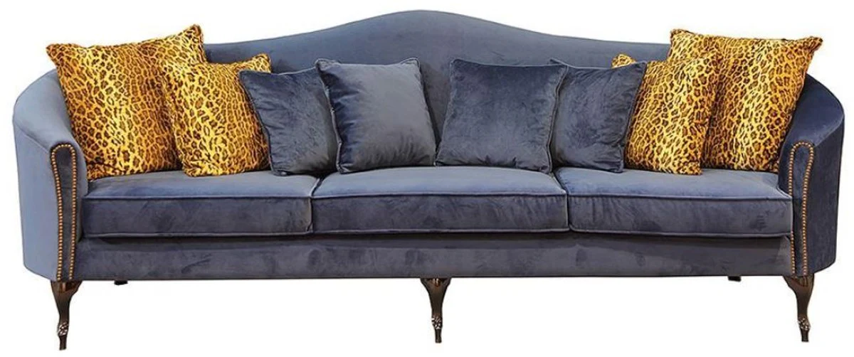 Luxury baroque velvet sofa blue / dark brown 280 x 90 x H. 100 cm - Noble living room sofa with decorative pillows - Baroque living room furniture - Luxury quality