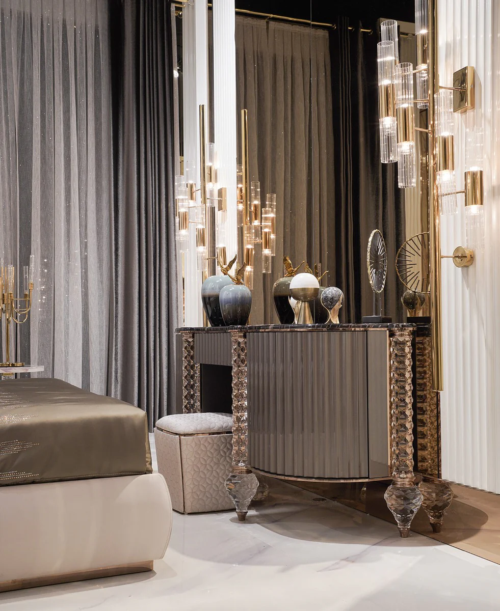 Luxury Art Deco dressing table black / gray / copper 188 x 60 x H. 89 cm - Dressing table with artificial marble top - Art Deco bedroom furniture - Luxury bedroom furniture