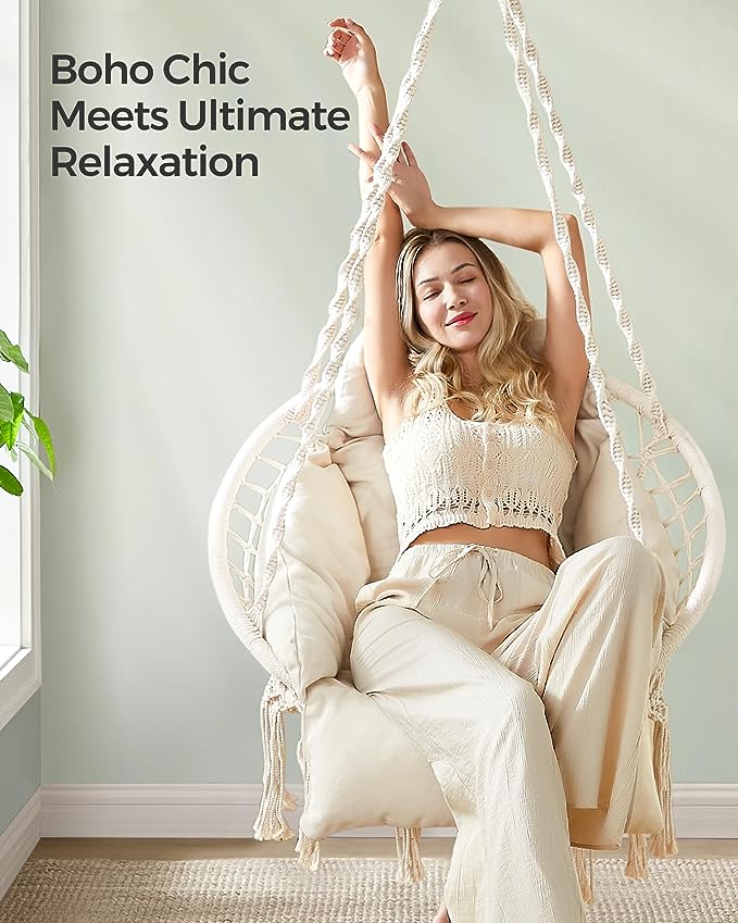SONGMICS Hammock Chair, Hanging Chair with Large Thick Cushion, Boho Swing Chair for Bedroom, Patio, Balcony, Garden, Living Room, Holds up to 264lb, Cloud White UGDC042M01