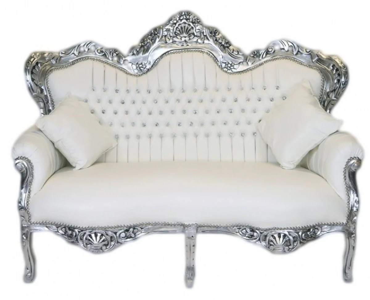 Baroque 2 Seater Sofa Master White Leather Look / Silver - Living Room Couch Furniture Lounge