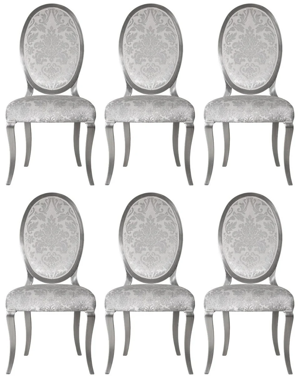 Luxury Art Nouveau dining chair set of 6 silver / gray / silver 51 x 48 x H. 106 cm - Elegant kitchen chairs with pattern - Baroque & Art Nouveau dining room furniture - Luxury quality