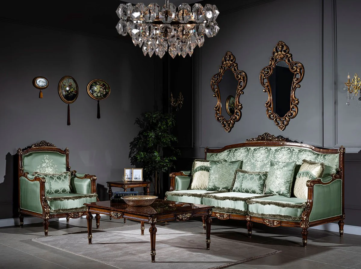 Luxury baroque living room set light green / brown - 2 sofas & 2 armchairs & 1 coffee table - magnificent living room furniture in baroque style