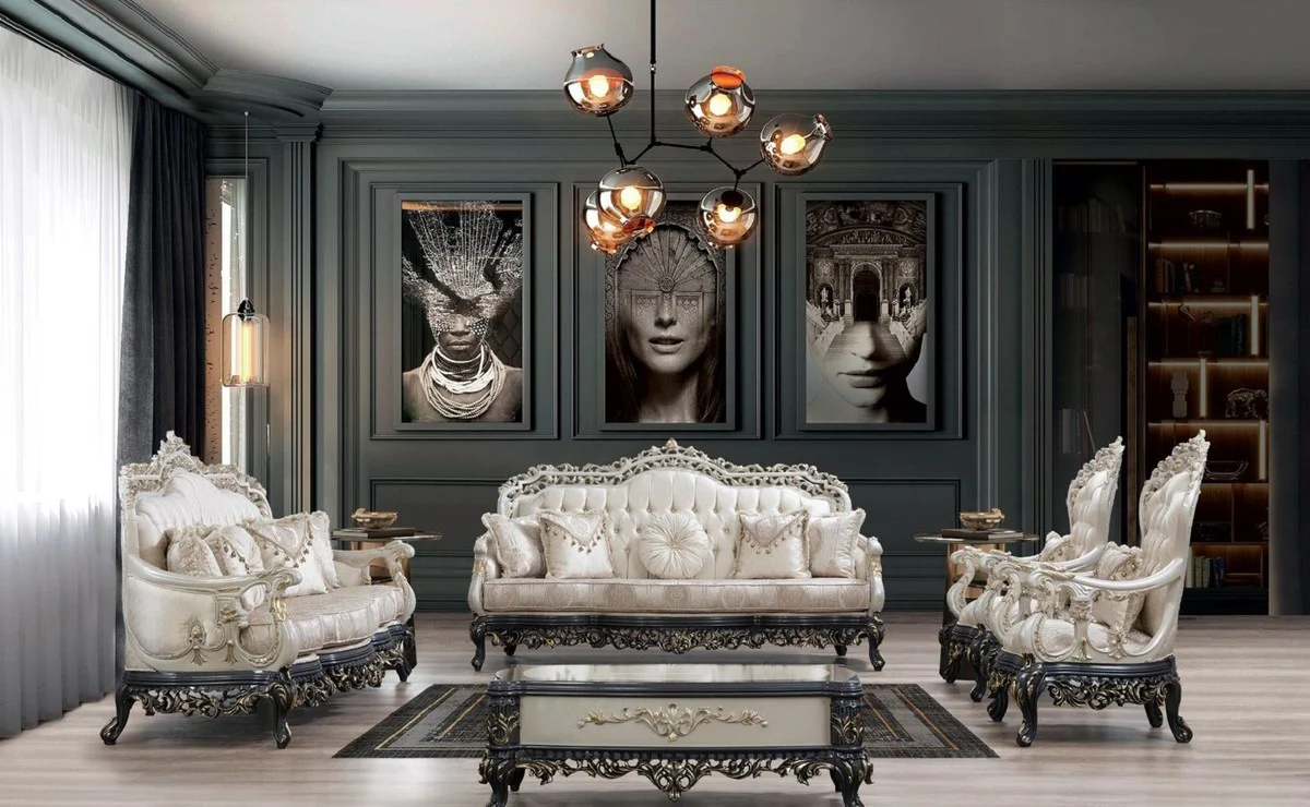 Luxury baroque coffee table cream / gray / gold - handmade solid wood living room table - magnificent solid wood living room furniture in baroque style