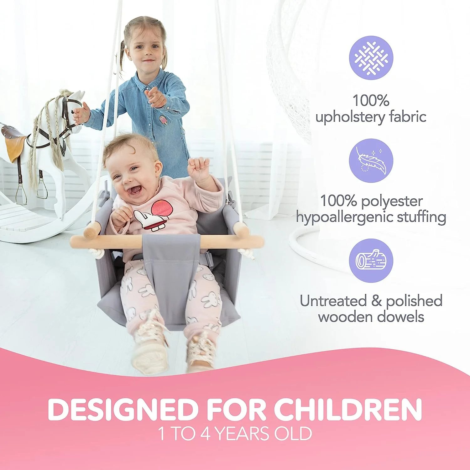 Babyschaukel aus Segeltuch, hängender Schaukelsitz aus Holz mit Sicherheitsgurt, langlebiger Baby-Hängemattenstuhl, Außen- und Innenschaukel für Kinder, Montagezubehör im Lieferumfang enthalten, Elfenbeinfarben