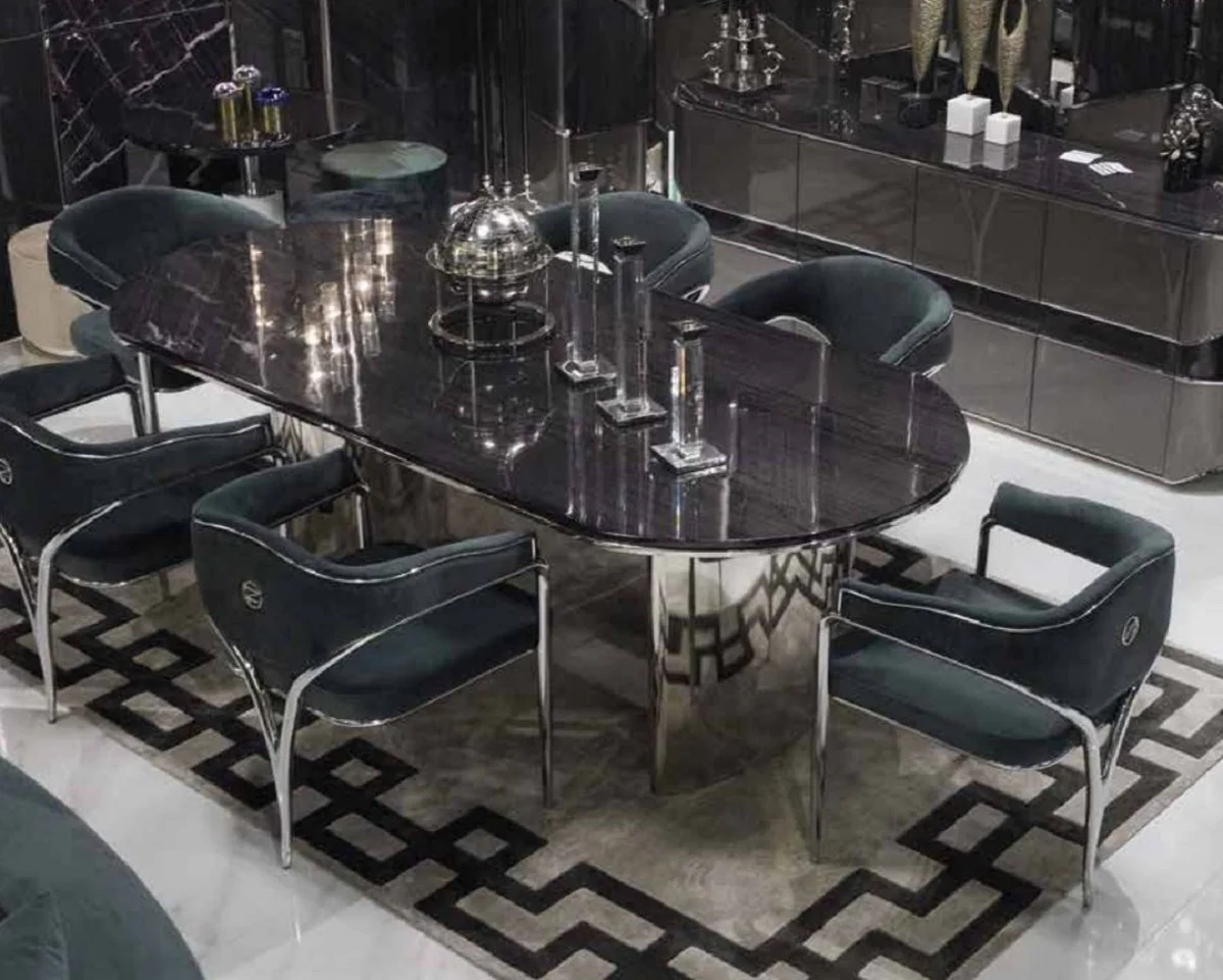 Luxury dining room chair set with armrests gray / silver 56 x 52 x H. 71 cm - kitchen chairs set of 6 - dining room furniture - restaurant furniture - luxury furniture - luxury furnishings