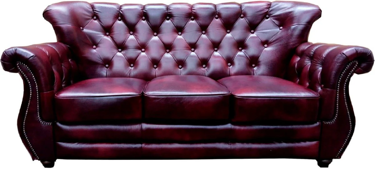 Luxus Chesterfield Echtleder Wohnzimmer Set Bordeauxrot / Braun / Silber - 2 Leder Sofas & 2 Leder Sessel - Chesterfield Wohnzimmer Möbel