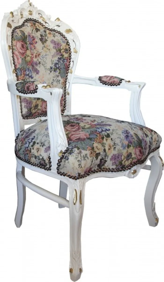 Baroque dining room chair with armrests floral pattern / cream / gold - Limited Edition