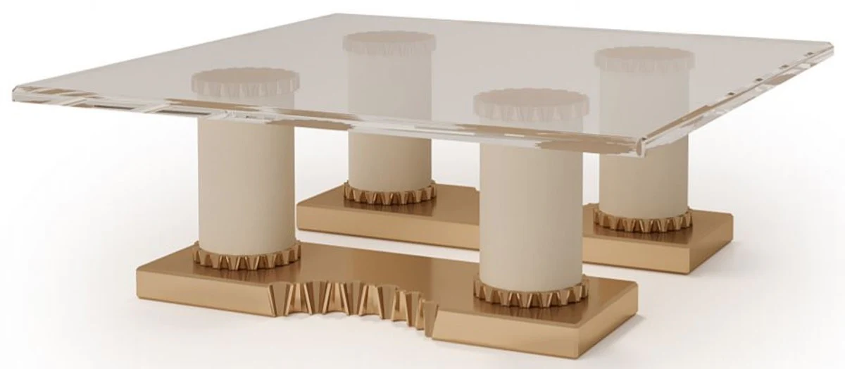Luxury designer coffee table cream / bronze 130 x 130 x H. 45 cm - Handmade living room table with glass top - Luxury hotel furniture - Made in Italy