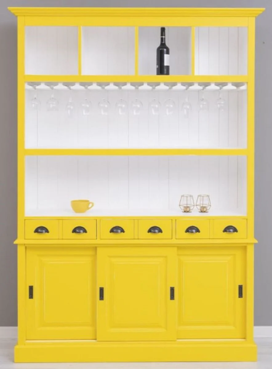 Country house style solid wood bar cabinet yellow / white 151 x 36 x H. 210 cm - Solid wood wine cabinet in country house style - Solid wood bar furniture - Country house style bar furniture