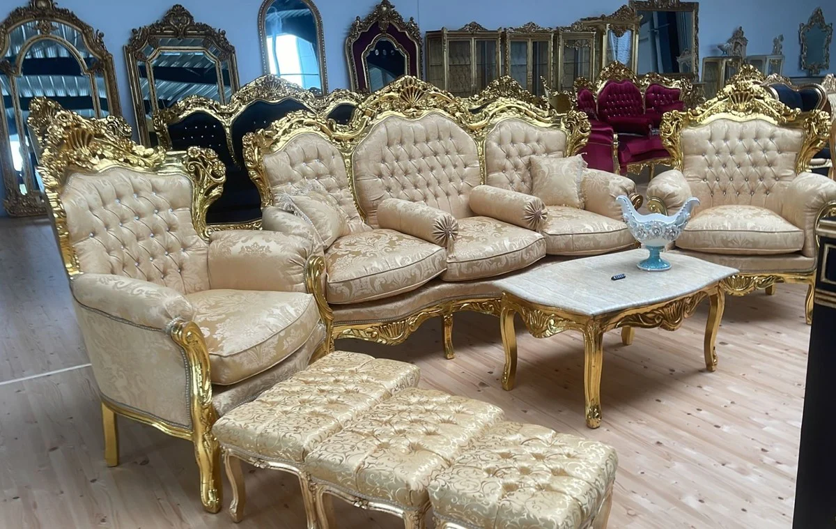 Barock Wohnzimmer Set Gold Muster / Gold - 1 Barock Sofa & 2 Barock Sessel - Wohnzimmer Möbel im Barockstil - Barock Möbel - Wohnzimmer Einrichtung im Barockstil
