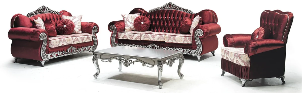Luxury Baroque Sofa Bordeaux Red / Cream / Silver - Magnificent Living Room Sofa with Elegant Pattern and Glitter Stones - Living Room Furniture in Baroque Style - Baroque Furniture - Noble & Magnificent