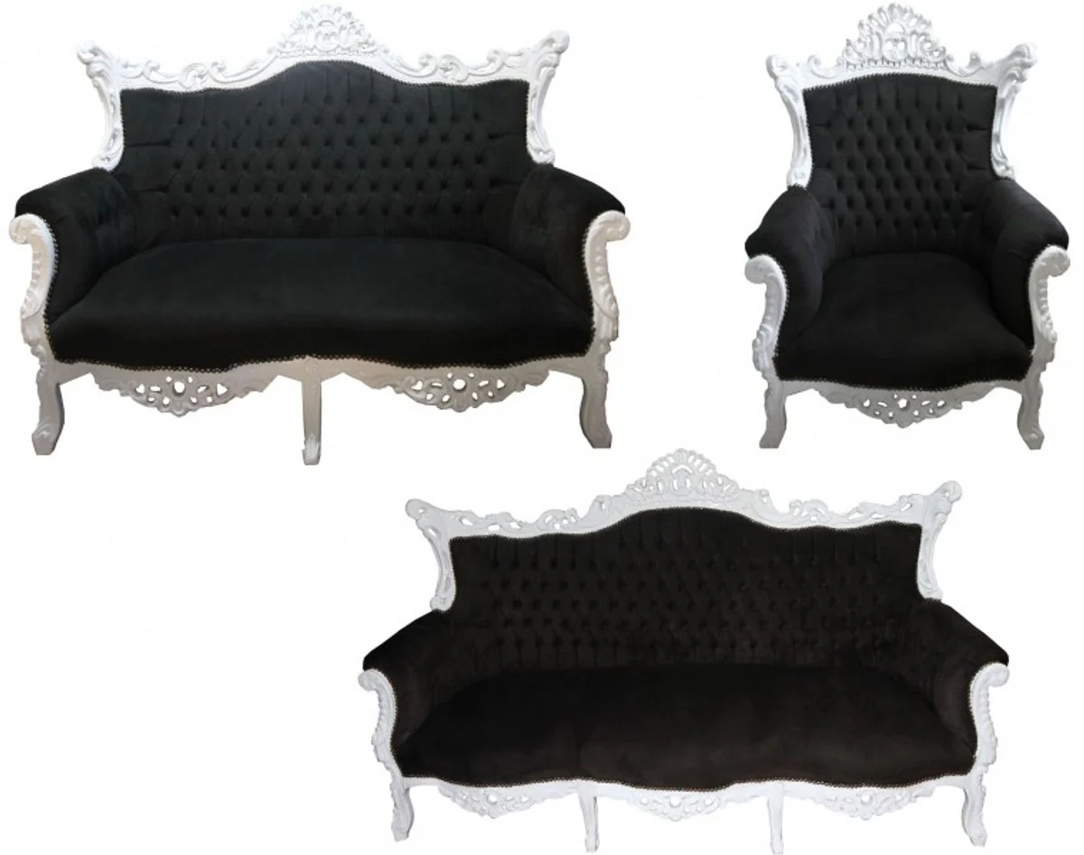 Barock Wohnzimmer Set Master Schwarz/Weiss - 3er Sofa+2er Sofa + 1 Sessel
