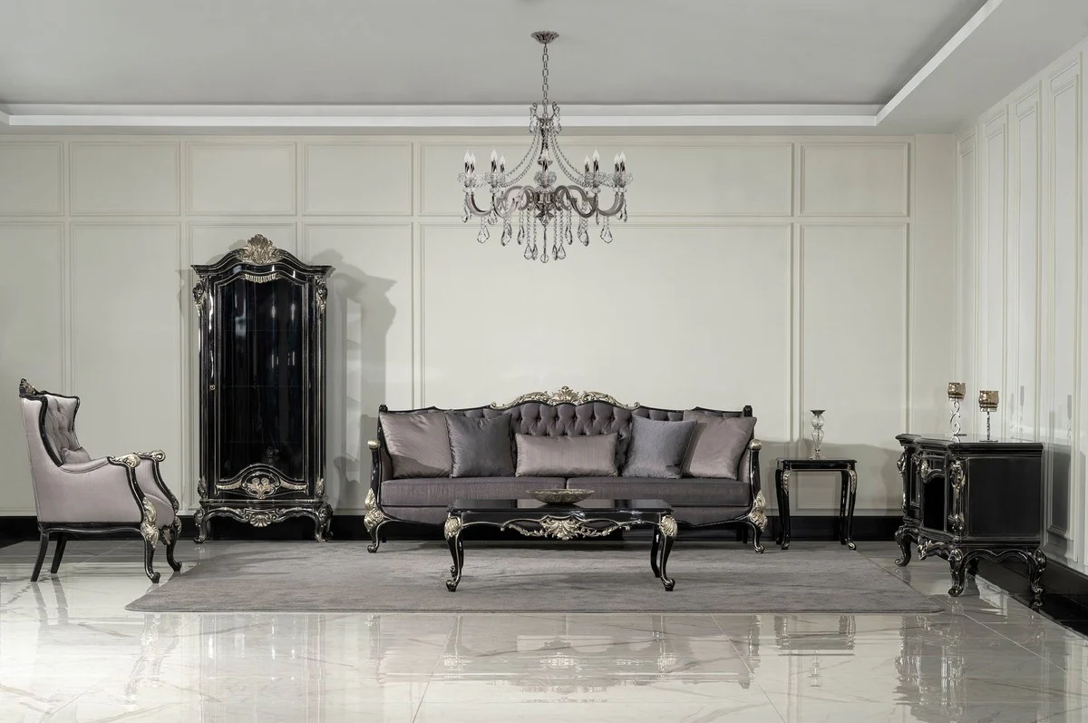 Luxury Baroque Living Room Sofa Purple / Black / Silver - Magnificent Baroque Style Sofa with Decorative Pillows - Luxury Living Room Furniture in Baroque Style - Baroque Furniture