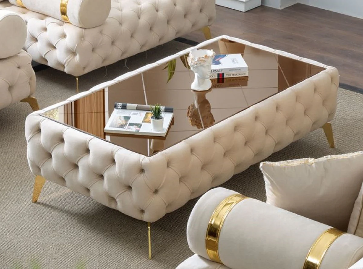 Luxury Chesterfield coffee table cream / gold / brown 140 x 80 x H. 45 cm - Living room table with glass top - Living room furniture - Chesterfield furniture - Luxury furniture - Luxury furnishings