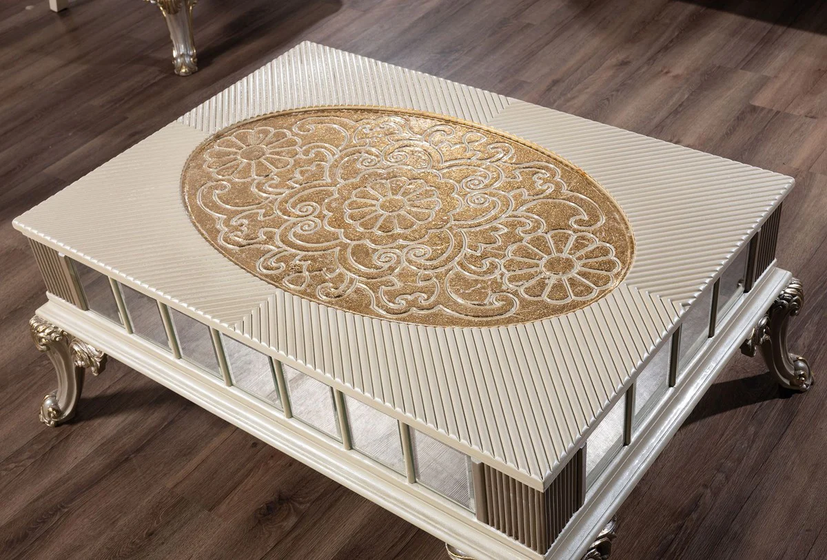 Luxury Baroque Coffee Table Cream / White / Gray / Gold - Mirrored Baroque Style Living Room Table - Luxury Baroque Style Furniture - Baroque Style Living Room Furniture - Baroque Furniture