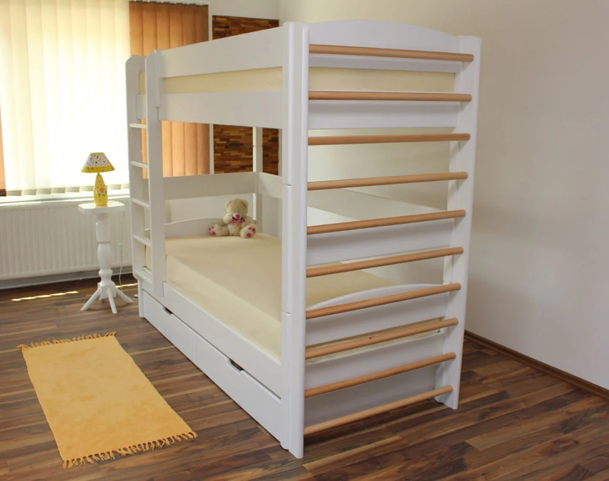 Luxury solid wood children's bunk bed white / natural colors 211 x 98 x H. 185 cm - multifunctional children's bed with ladder and wall bars - children's room furniture