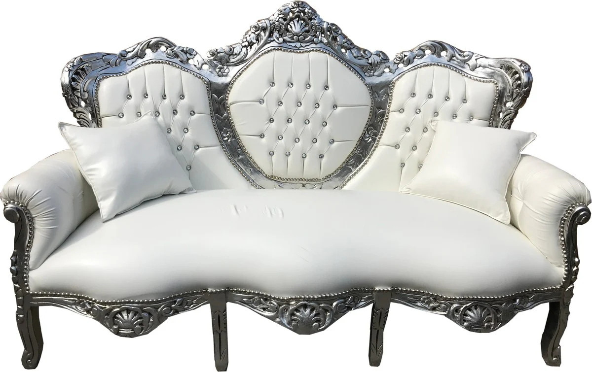 Baroque 3 Seater Sofa King White Leather Look / Silver with Bling Bling Rhinestones - Living Room Couch Furniture Lounge