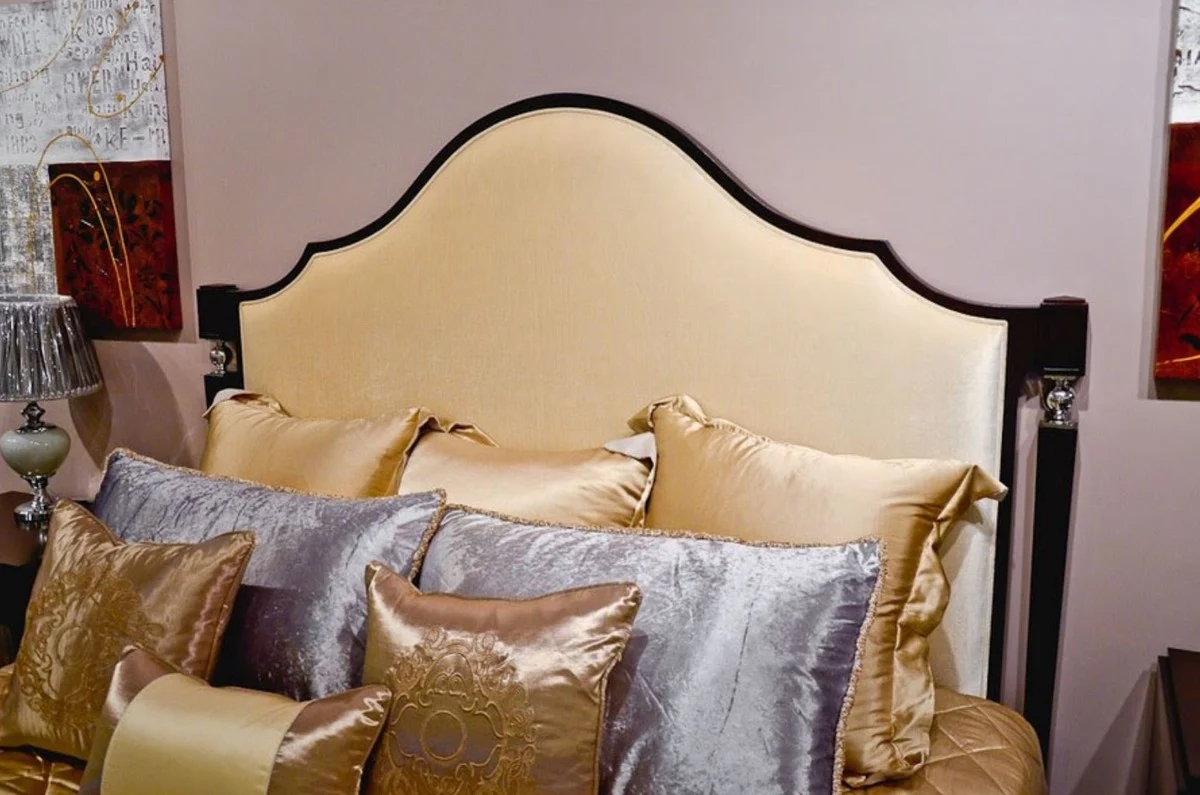 Neoclassical double bed light beige / dark brown / silver 193 x 218 x H. 168 cm - solid wood bed with headboard and elegant velor fabric - bedroom furniture in neoclassical style