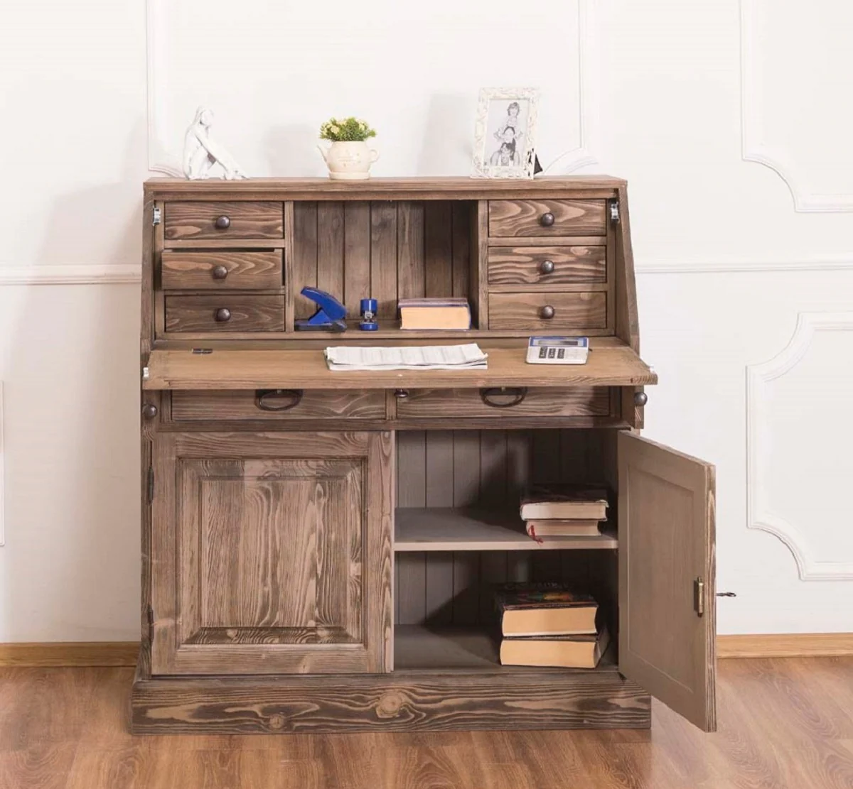 Country house style writing chest with 2 doors and 8 drawers brown 106 x 49 x H. 109 cm - country house style furniture